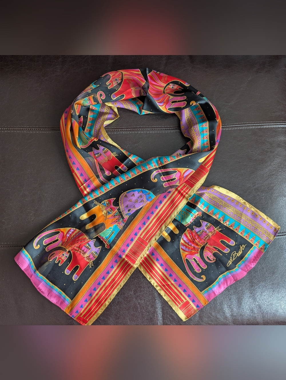 Laurel Burch Fantastic Felines Silk Black Multicolor Cat Print Scarf